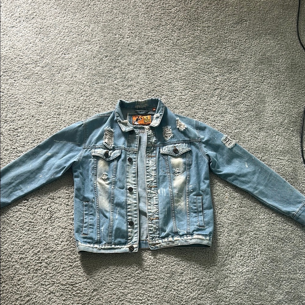 Classic Blue Jean Jacket with Distressed Details